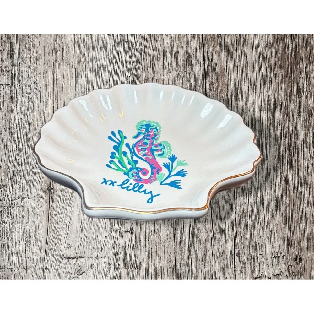 Lilly Pulitzer Ceramic Sea Shell Seahorse Trinket Dish Ocean Themed